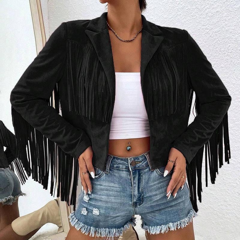Solid Color Fashion Lapel Loose Fit Fringe Long Sleeve Jacket