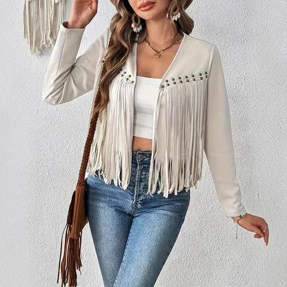 Suede Fringe Trim Open Front Western Concert Outfit Jacket