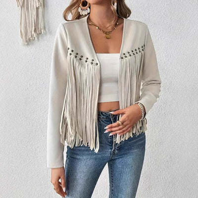 Suede Fringe Trim Jacket - Open Front Western Concert Style