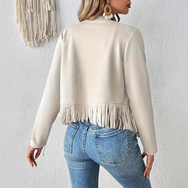 Suede Fringe Trim Open Front Western Concert Outfit Jacket