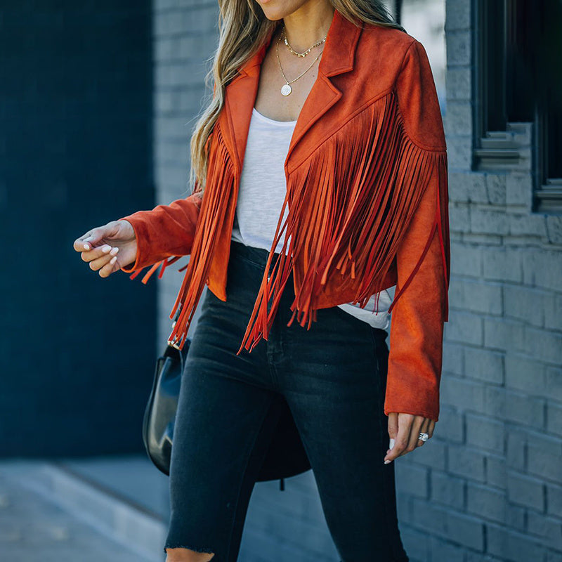 Women's Notched Collar Fringed Jacket - Faux Suede Tassel Motorcycle Cropped Jacket