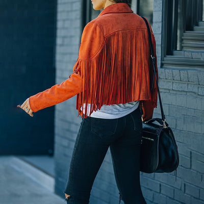 Women's Notched Collar Fringed Jacket - Faux Suede Tassel Motorcycle Cropped Jacket