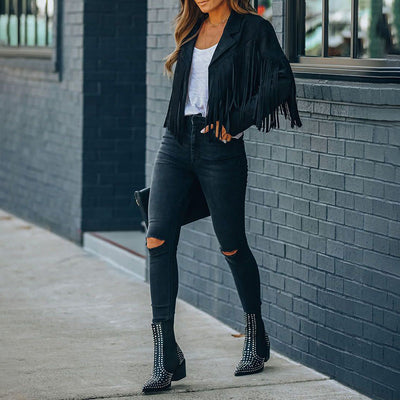 Women's Notched Collar Fringed Jacket - Faux Suede Tassel Motorcycle Cropped Jacket