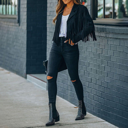 Women's Notched Collar Fringed Jacket - Faux Suede Tassel Motorcycle Cropped Jacket