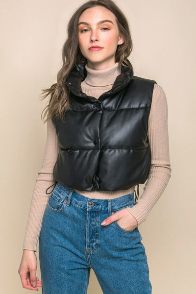 Cropped PU Faux Leather Lined Puffer Vest - Fashions Envy