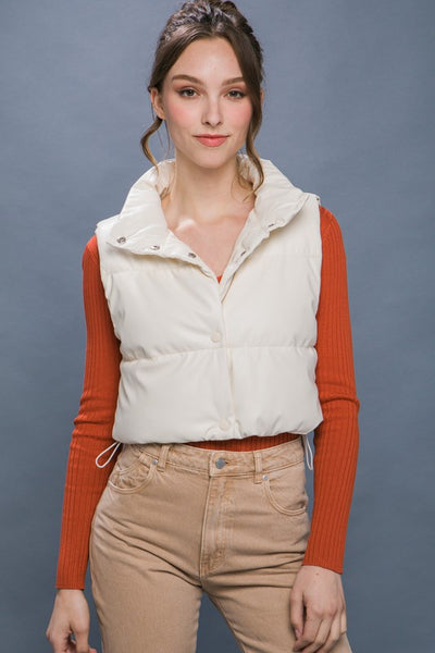 Cropped PU Faux Leather Lined Puffer Vest - Fashions Envy