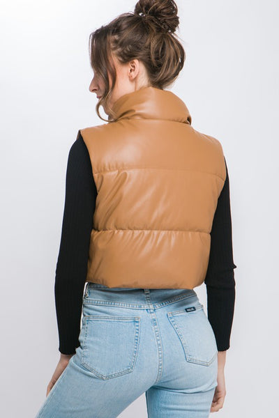 Cropped PU Faux Leather Lined Puffer Vest - Fashions Envy