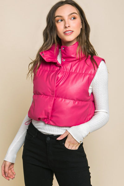 Cropped PU Faux Leather Lined Puffer Vest - Fashions Envy