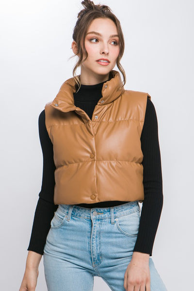 Cropped PU Faux Leather Lined Puffer Vest - Fashions Envy