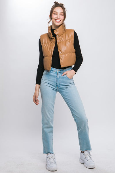 Cropped PU Faux Leather Lined Puffer Vest - Fashions Envy