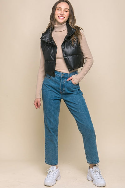 Cropped PU Faux Leather Lined Puffer Vest - Fashions Envy