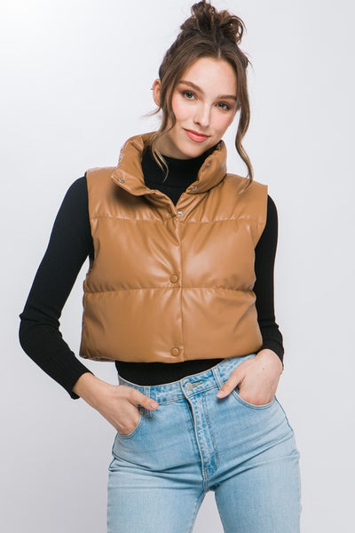 Cropped PU Faux Leather Lined Puffer Vest - Fashions Envy