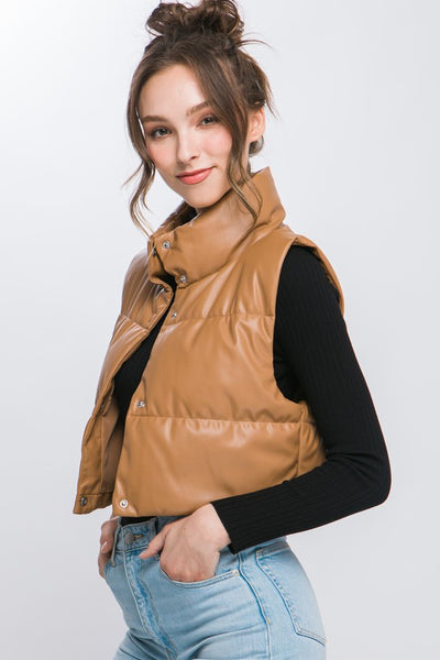 Cropped PU Faux Leather Lined Puffer Vest - Fashions Envy