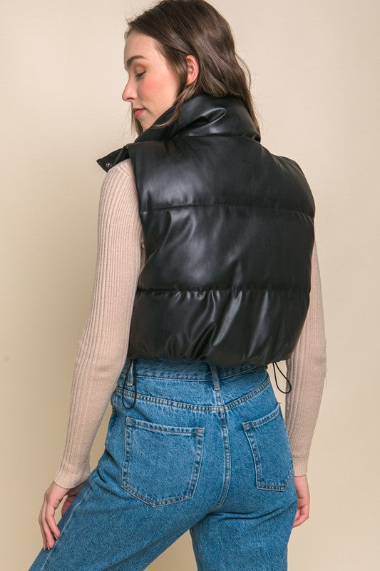 Cropped PU Faux Leather Lined Puffer Vest