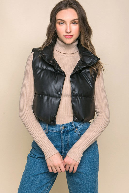 Cropped PU Faux Leather Lined Puffer Vest