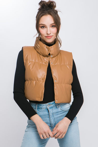 Cropped PU Faux Leather Lined Puffer Vest - Fashions Envy