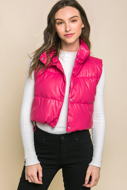 Cropped PU Faux Leather Lined Puffer Vest