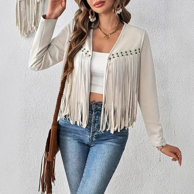 Suede Fringe Trim Open Front Western Concert Outfit Jacket