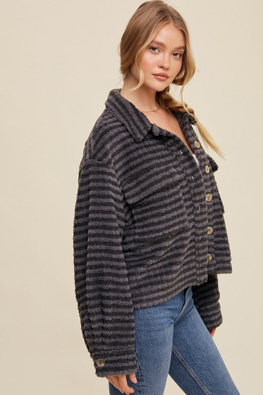 Plaid Long Sleeve Fleece Shacket with Patch Pockets