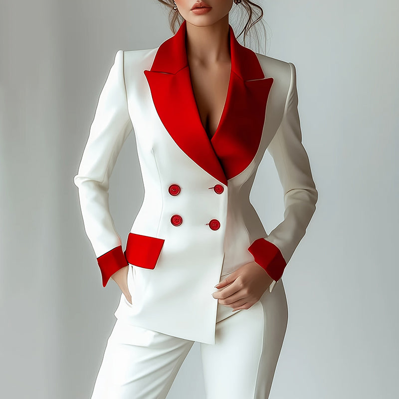 Women's Classic Notch Lapel Blazer, Double-Breasted Long Sleeve Jacket With Color-Block Waist Definition