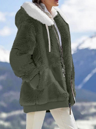 Warm Plush Hooded Jacket -  Long Sleeves With Zippered Pockets