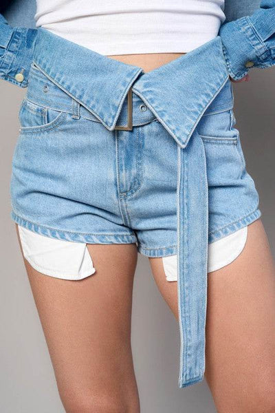 Flap Waist Belted Medium Wash Denim Shorts - Fashions Envy