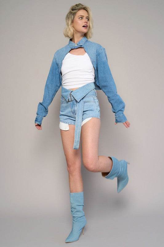 Flap Waist Belted Medium Wash Denim Shorts - Fashions Envy