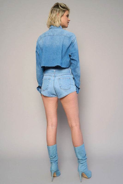 Flap Waist Belted Medium Wash Denim Shorts - Fashions Envy