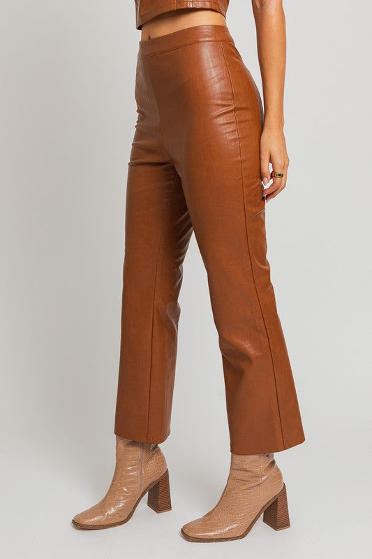 Brown Fitted Faux Leather Straight Pants