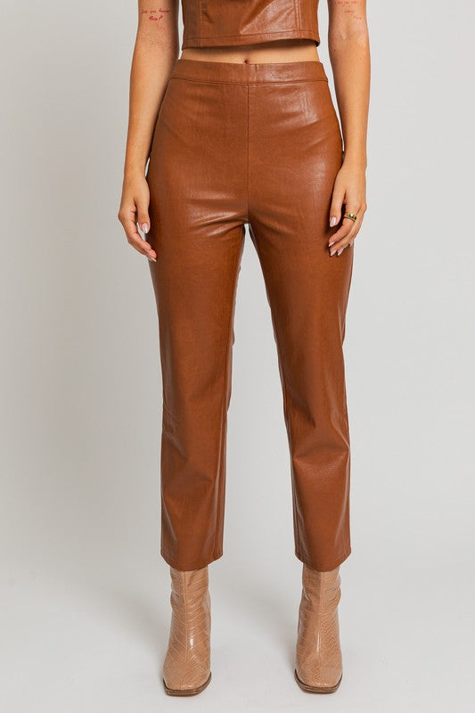 Brown Fitted Faux Leather Straight Pants