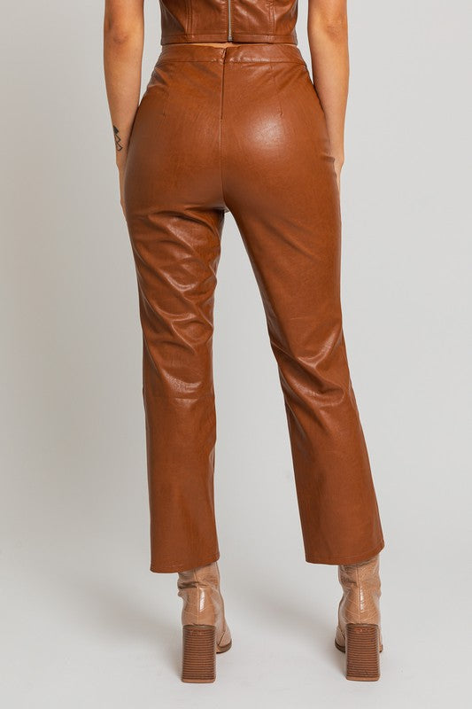 Brown Fitted Faux Leather Straight Pants