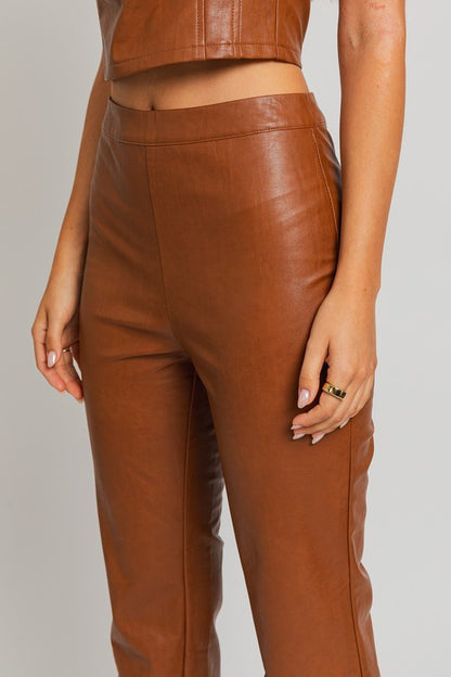 Brown Fitted Faux Leather Straight Pants