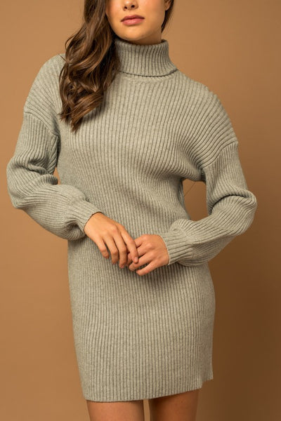 Turtle Neck Balloon Sleeve Sweater Dress - Fashions Envy