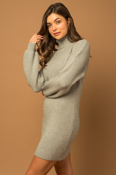 Turtle Neck Balloon Sleeve Sweater Dress - Fashions Envy
