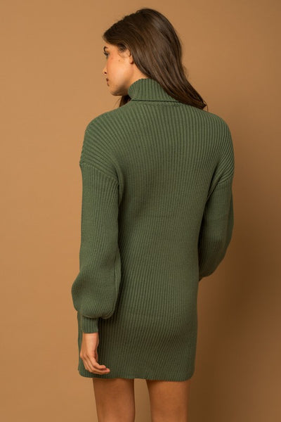 Turtle Neck Balloon Sleeve Sweater Dress - Fashions Envy