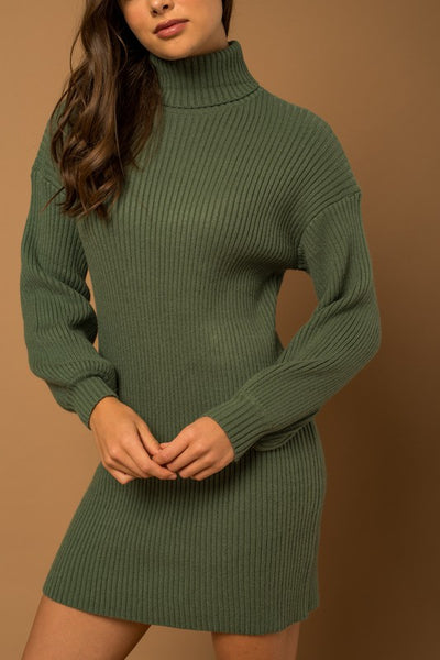 Turtle Neck Balloon Sleeve Sweater Dress - Fashions Envy