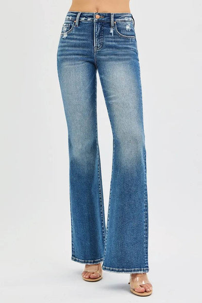 RISEN Full Size Tummy Control High Rise Flare Jeans Plus Size - Fashions Envy