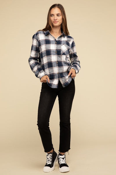 Cotton Plaid Shacket With Front Pocket - Fashions Envy