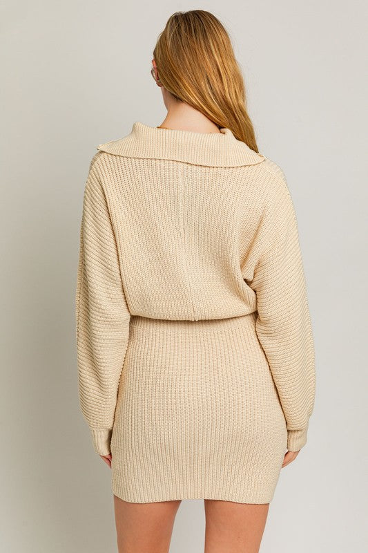 Lapel Collar Knit Zipper Front Long Sleeve Sweater Dress