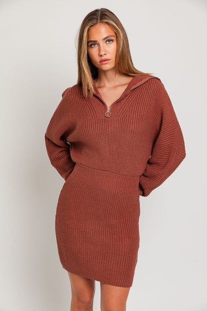 Lapel Collar Knit Zipper Front Long Sleeve Sweater Dress