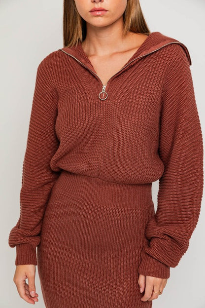 Lapel Collar Knit Zipper Front Long Sleeve Sweater Dress