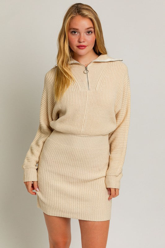 Lapel Collar Knit Zipper Front Long Sleeve Sweater Dress