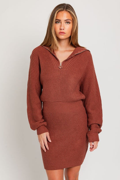 Lapel Collar Knit Zipper Front Long Sleeve Sweater Dress