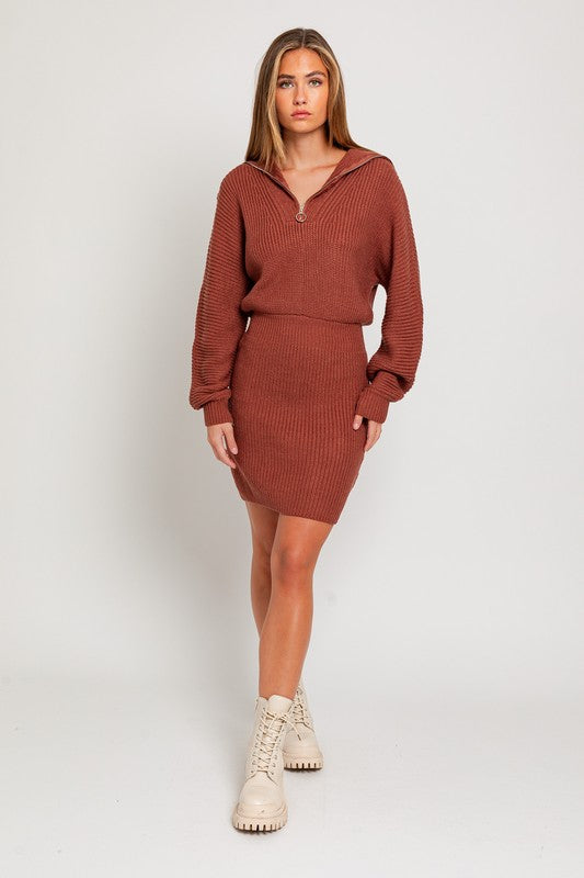 Lapel Collar Knit Zipper Front Long Sleeve Sweater Dress