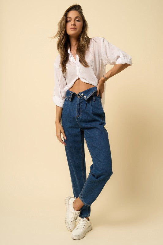 High Rise Flap Waist Relaxed Pleated Front Jeans