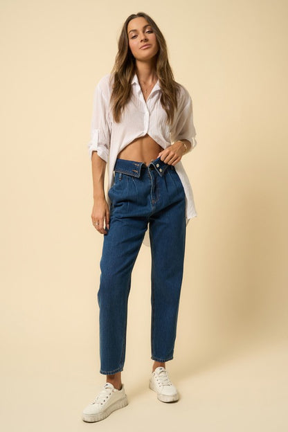 High Rise Flap Waist Relaxed Pleated Front Jeans