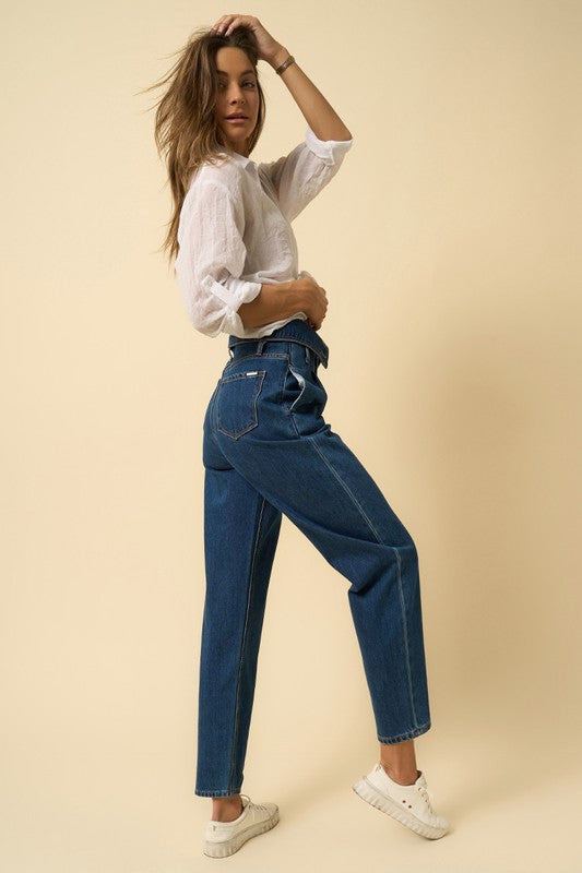 High Rise Flap Waist Relaxed Pleated Front Jeans