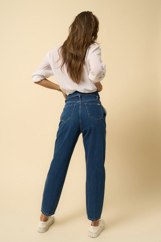 High Rise Flap Waist Relaxed Pleated Front Jeans