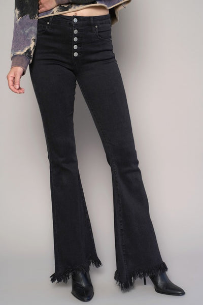 Wide Flare Leg Black Wash Denim Jeans - Fashions Envy