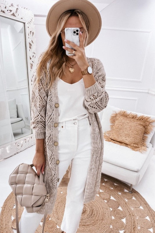Hollow Knit Eyelet Big Button Cardigan Sweater
